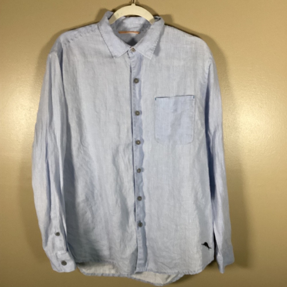 Tommy‎ Bahama Relax Mens M Blue 100% Linen Long Sleeve Button Down Shirt Marlin